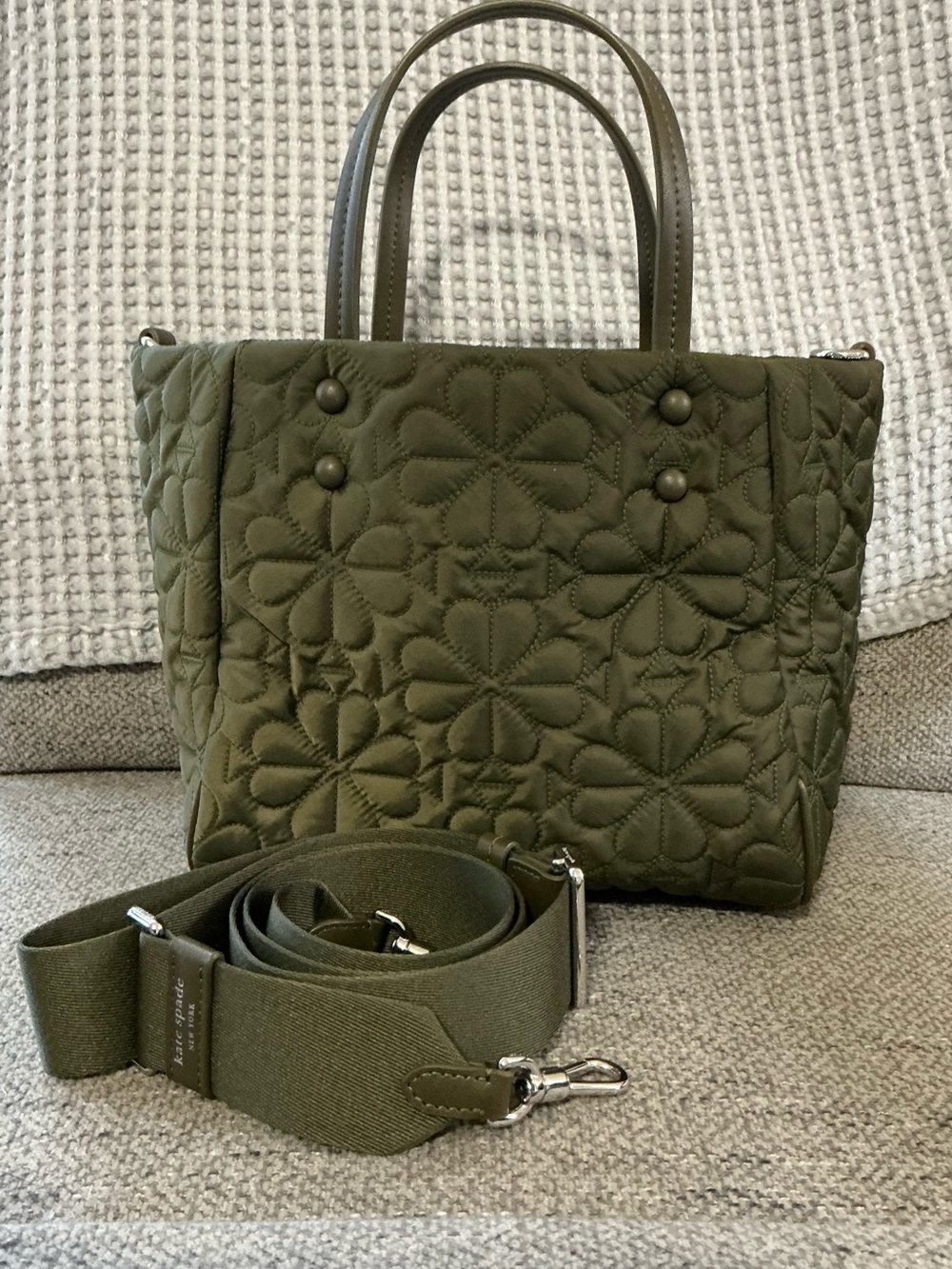 Kate Spade Tilly Quilted Small Tote Bag in Oolong Green with Crossbody Strap